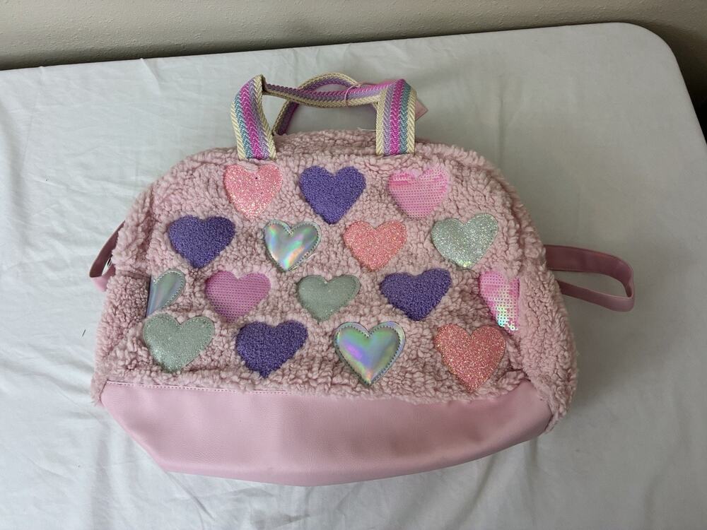OMG Accessories Plush Pink Crossbody Bag with colorful Heart Appliqués NWT